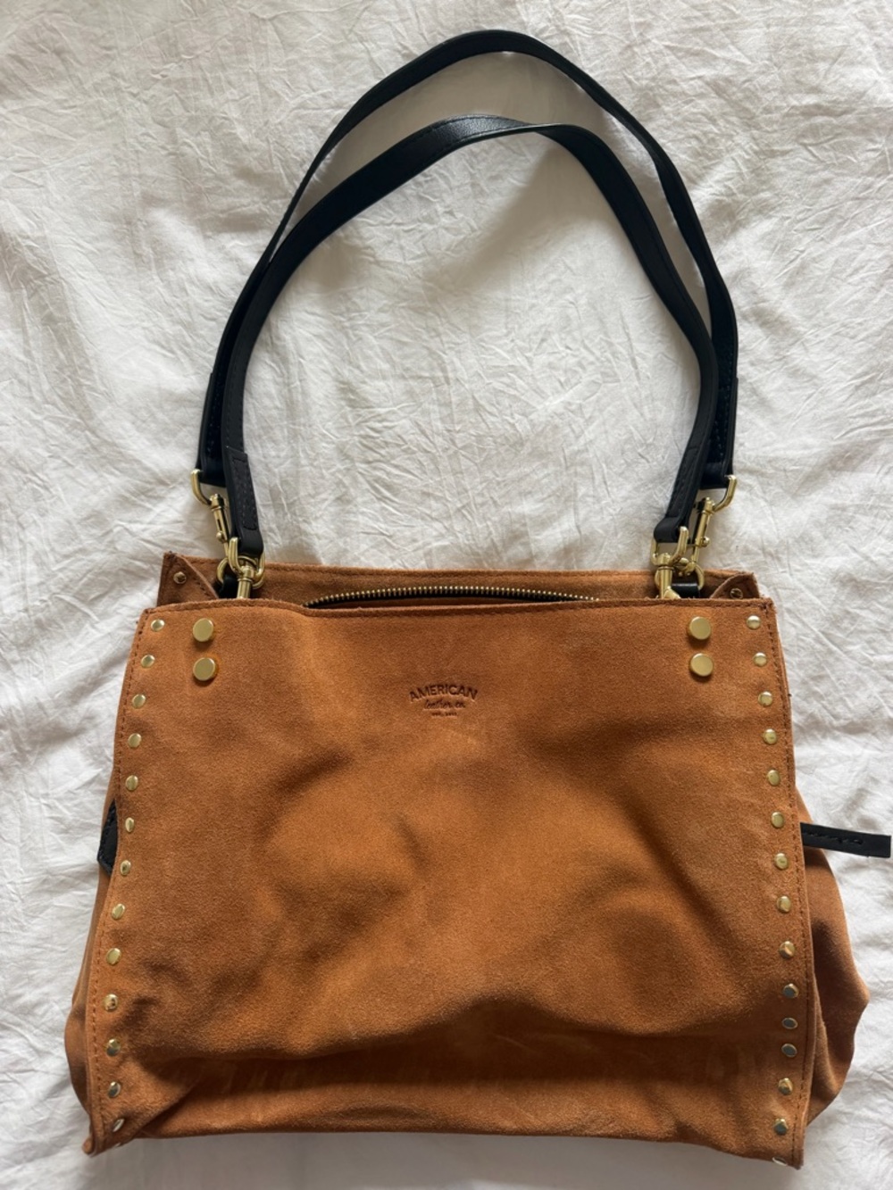 American Leather Suede Tote Bag in Cognac and Black